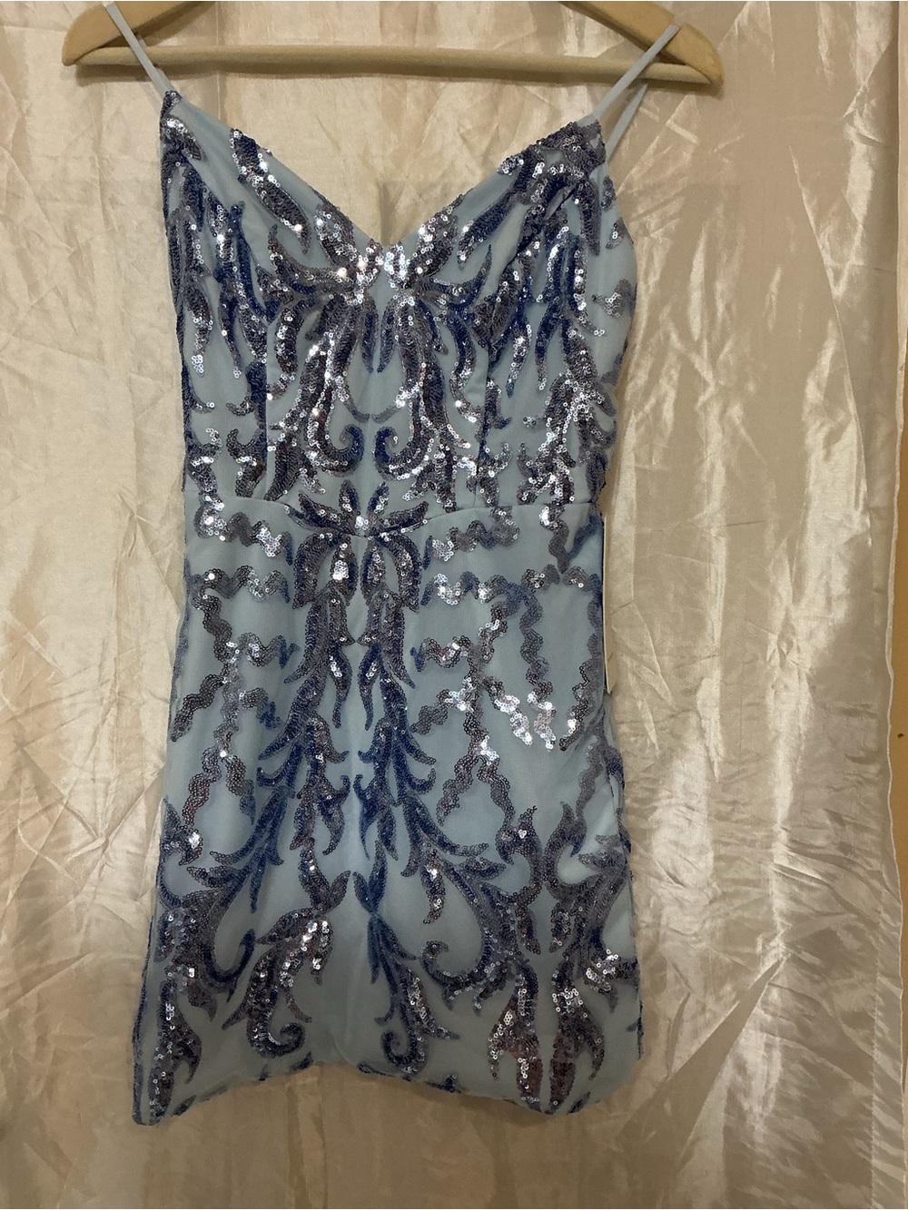NWT Blue Silver Sequin Embroidered Mesh Cocktail Mini Dress